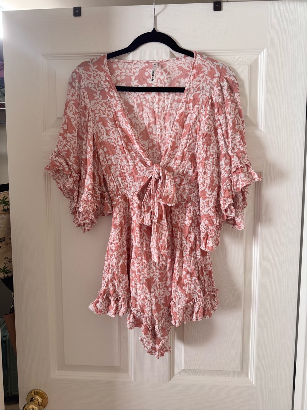 Women's Pink Floral Tie-Front Ruffle Romper